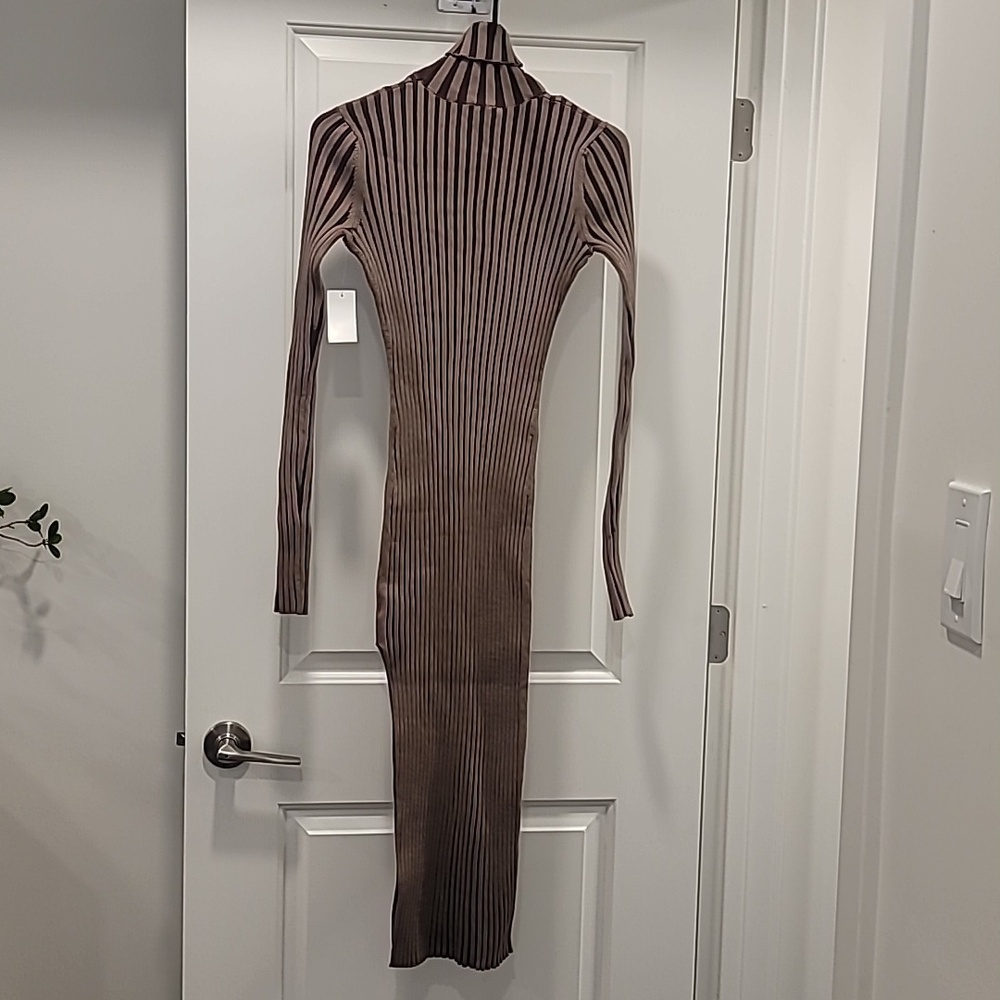 Torn by Ronny Kobo 2-Tone Turtleneck Asymmetrical Dress In Brown